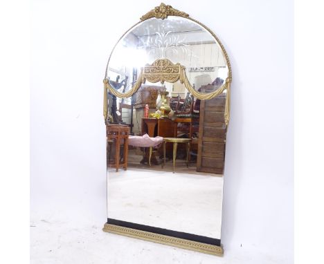 An arch-top bevel-edge wall mirror, with painted swag decoration, W62cm, H114cm 