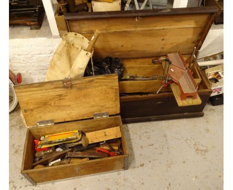 2 stained pine toolboxes and a canvas bag, containing assorted Vintage tools 