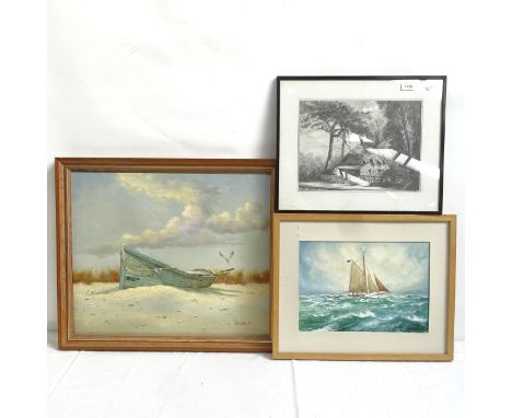 3 various pictures, including oil on canvas, beached boat, by K Hamilton (3) 