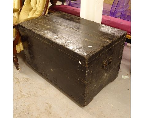 A Victorian stained pine and steel-bound trunk, W92cm, H58cm, D56cm 