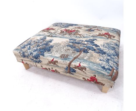 A large square footstool, with hunting scene upholstery, W103cm, 30cm 