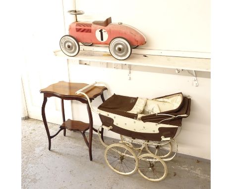 A Silver Cross coach built 4-wheeled pram, a child's toy racing car, and an Edwardian occasional table 