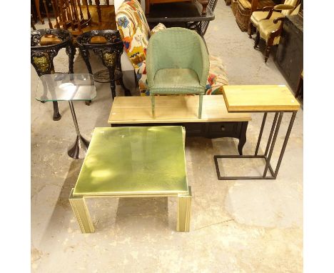 A glass-top lamp table, a square coffee table, a basket work chair, a side table etc (5) 