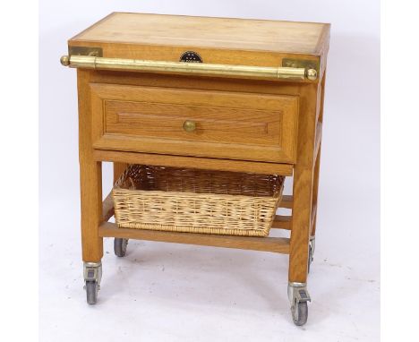 LA CORUNE FRANCE - an oak and brass-mounted butcher's block, with single frieze drawer and shelf under, W70cm, H83cm, D60cm 