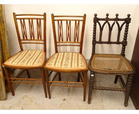 A Victorian Gothic bobbin turned side chair, and a pair of Aesthetic Movement side chairs 