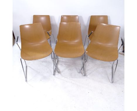A set of 6 contemporary Allermuir Curve chairs, in moulded ply, with chrome sled base (2 armchairs and 2 side chairs - RRP £4