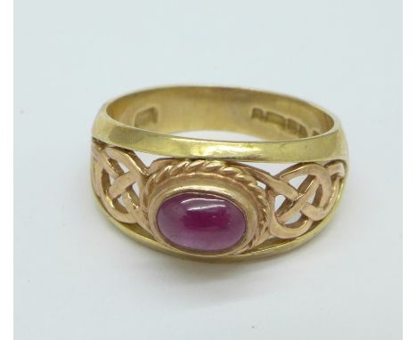 A 9ct Clogau gold ring set with cabochon ruby, 5.8g, S, with box