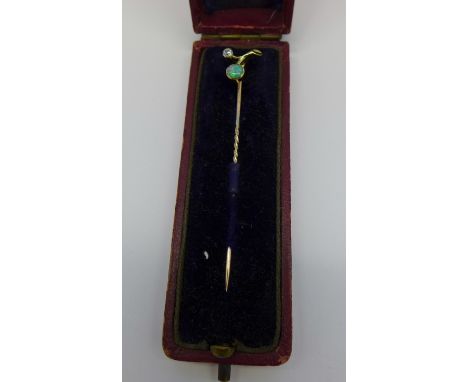 A 9ct gold, opal and diamond stick pin