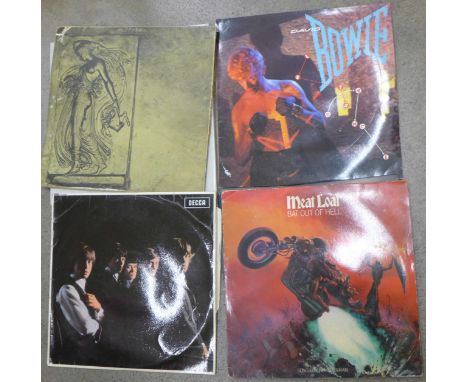 Twelve vinyl LP records, Idlewild, AC/DC, Rolling Stones, David Bowie, Wishbone Ash, etc.