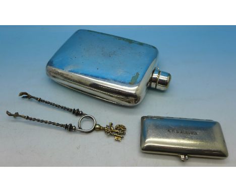 A silver plated hip flask and cigarette case combination, an RMS Alaunia manicure kit and a pair of sugar bows