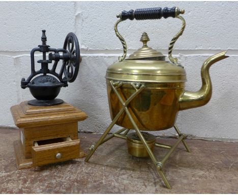 A brass copper spirit kettle and stand and a coffee grinder