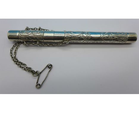 A hallmarked silver chatelaine thermometer holder, Birmingham 1907