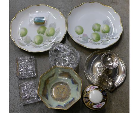 A Wedgwood lustre bowl, a plated chamber stick, a crystal basket, a Stratton pill box, a pair of plates, etc.