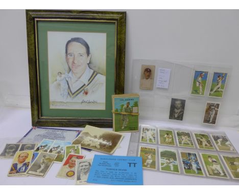 Cricket ephemera including a Wills 1896 cricketer series Lockwood Surrey cigarette card, signed print of Derek Randall, etc.