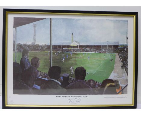 A limited edition print of Notts County F.C. football ground, Meadow Lane, 1986-7, signed by Jimmy Sirrel