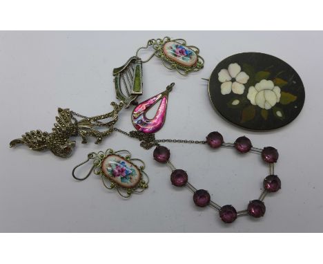 A silver harp brooch, a pietra dura brooch, a pair of earrings, etc.