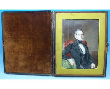 A watercolour on ivory panel, portrait of a man, seated, by Nottingham artist William Egley, signed reverse September 7th 184