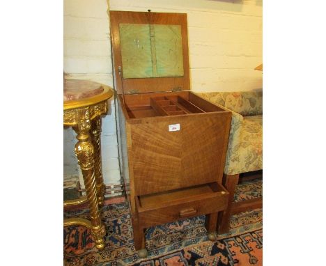 Heals of Tottenham Court Road light mahogany work box, hinged lid with green pin cushion under, lift-out compartmented tray, 