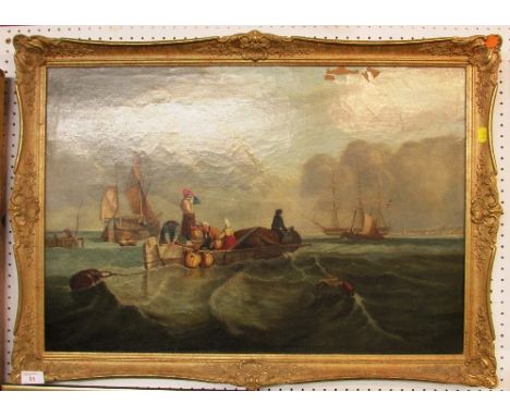Oil on canvas seascape showing tender with passengers and ships flying tricolour flags beyond (48.5cm x 70cm) in a modern gil