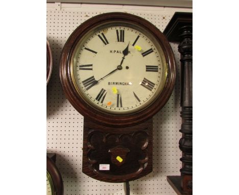 Late 19th century oak cased railway clock, the white enamel dial with black Roman numerals and marked H. Palmer, Birmingham (