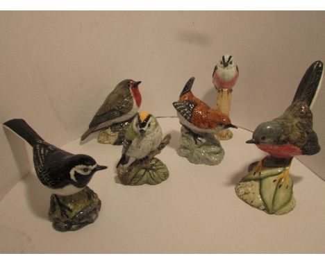 Six Mack Bone China bird figures, signed R J Mack - Dartford Warbler (height 11.5cm), Robin (8cm), Wren (9cm), Pied Wagtail (