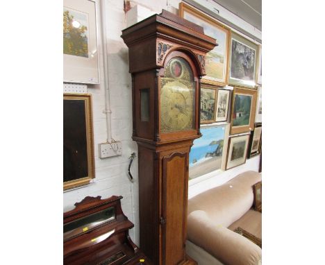 Late 18th century eight day oak long case clock, the brass automaton dial (28cm diameter) signed Aaron Austin Bristol and eng