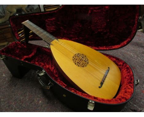 Seven-course nine-fret lute, labelled Stephen Barber London 1976 within, thirteen strings, monogrammed S B with crucifix symb