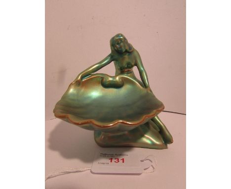 Zsolnay figure of woman with scallop shell in green lustrous glaze (height 13cm)