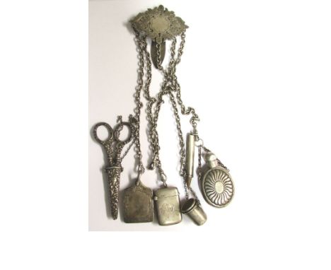 Victorian silver chatelaine, London, 1873 maker's stamp SM, with five accessories (thimble, notebook, vesta, pencil and scent