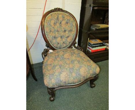 19th century mahogany framed bedroom chair with oval back, the top rail carved with flowers, pierced carved scrolls at the wa