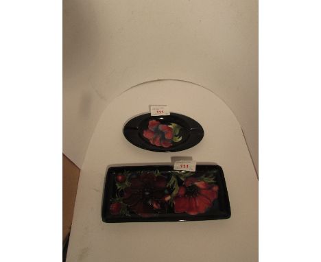 Moorcroft Hibiscus pattern oblong tray (20cm x 9cm) stamped MOORCROFT MADE IN ENGLAND with arrow mark and painted initials; a