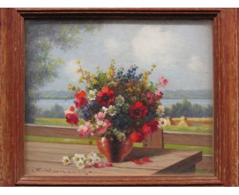 Two still life oil paintings, signed K. Vakavig (each 18cm x 22cm) glazed and in oak frames