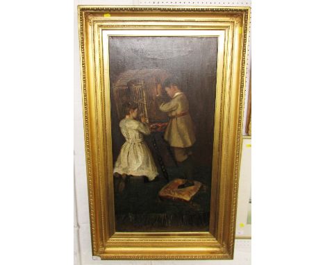 Boy and girl with bird cage and red squirrel, 19th century oil on canvas (91cm x 45cm), in a substantial gilt gesso frame (un