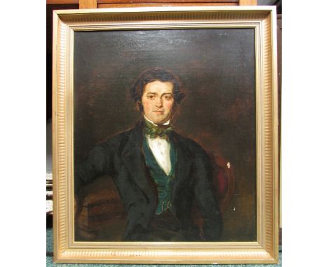 Mid 19th century oil on canvas portrait of gentleman in green necktie, the sitter resting his arm against table, signed and d