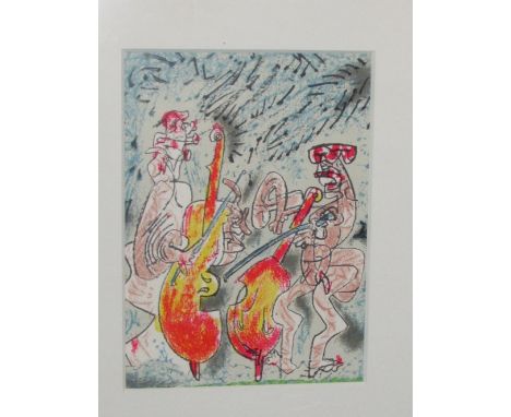 After Roberto Matta (1911-1952) - cello players, offset lithograph (24.5cm x 18cm), glazed and in a light wood frame, Goldmar