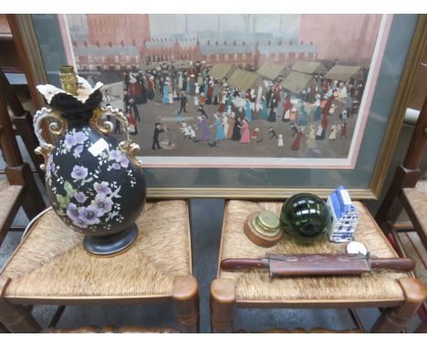 SUNDRY LOT INCLUDING VICTORIAN TABLE LAMP, CARVING SET, DAIMLER CAP, CERAMIC MONEY BOX, ETC, PLUS ALSO POCKET WATCH
