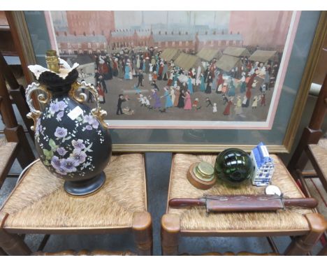 SUNDRY LOT INCLUDING VICTORIAN TABLE LAMP, CARVING SET, DAIMLER CAP, CERAMIC MONEY BOX, ETC, PLUS ALSO POCKET WATCH