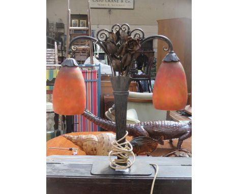 ART NOUVEAU STYLE TABLE LAMP WITH TWO MARBLED GLASS SHADES 