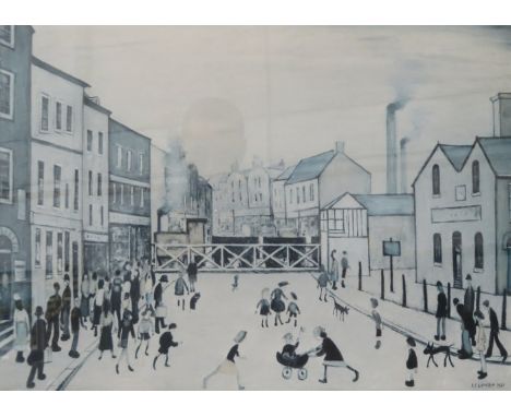 L S LOWRY, FRAMED PENCIL SIGNED LIMITED EDITION PRINT- THE LEVEL CROSSING, BURTON ON TRENT, APPROXIMATELY 45cm x 60cm 