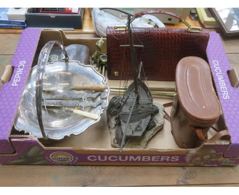 MIXED SUNDRY LOT INCLUDING PLATED BOWL, FLATWARE, BRASSWARE MODEL BOAT, CASED CAMERA, BINOCULARS AND VINTAGE PIERRE CARDIN BA