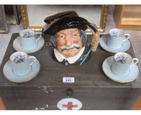 ROYAL DOULTON CHARACTER JUG (AT FAULT) AND SET OF FOUR ROYAL WORCESTER COFFEE CUPS AND SAUCERS 