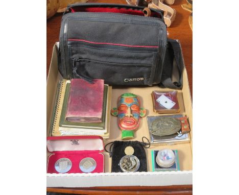 MIXED LOT INCLUDING SMALL VOLUMES, JACK DANIELS CIGARETTE CASE AND BELT BUCKLE, PLAYING CARD RECEIVER, CASED CAMERA AND COINA