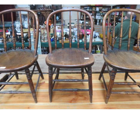 SET OF THREE OAK STICK BACK CHAIRS 