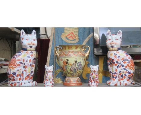 PAIR OF ORIENTAL STYLE CERAMIC CARS, PAR OF SMALLER SIMILAR CATS PLUS TWO HANDLED VASE 