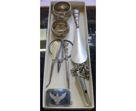 SMALL MIXED LOT INCLUDING SILVER NAPKIN RINGS, BELT BUCKLE, BUTTON HOOK, SHOE HORN AND POLICE WHISTLE, ETC.