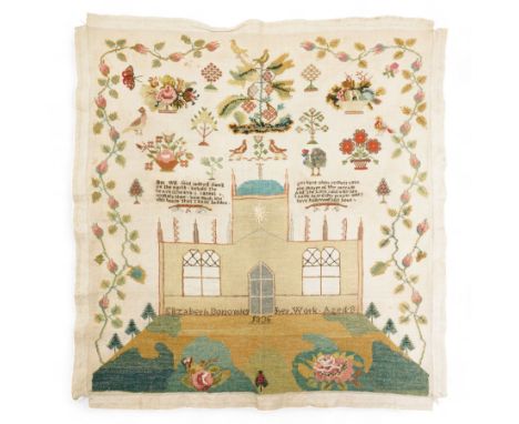 19th century needlework sampler by Elizabeth Bottomley aged 8, 1836 with large building to the centre with trees, verse, flow