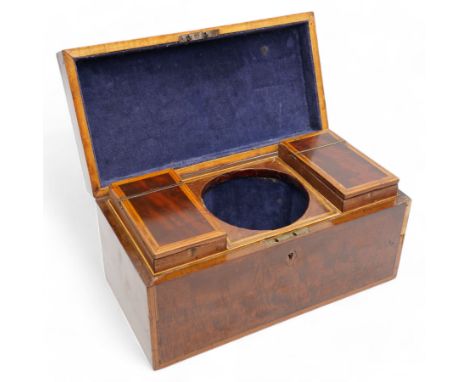 Early 19th century mahogany tea caddy crossbanded in satinwood, the interior with two covered containers and bowl recess W31c