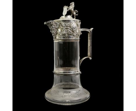 Victorian silver-mounted glass claret jug by George Richards Elkington, with Bacchanalian repoussé decoration and mask spout,