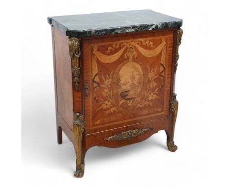 20th century French Kingwood and gilt metal mounted side cabinet, moulded green variegated marble top over single cupboard, e