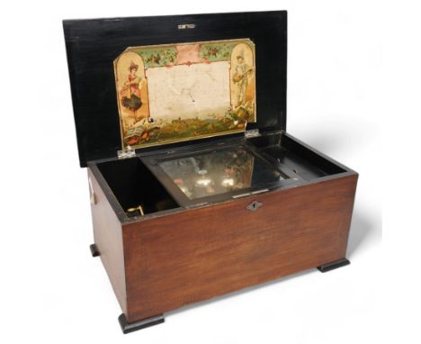 Swiss - 19th century musical box with three bells and butterfly's in sight, in a mahogany and ebonised box with contrasting d